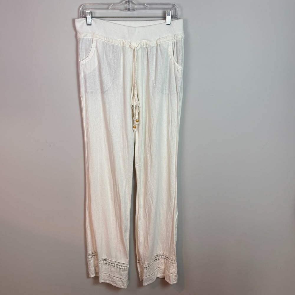 love tree womens white linen blend pull-on lace trim boho beach pants sz Large